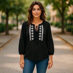STUDIO 1886 Black Boho Style Long Sleeved Top Ladies Large Size 12-14